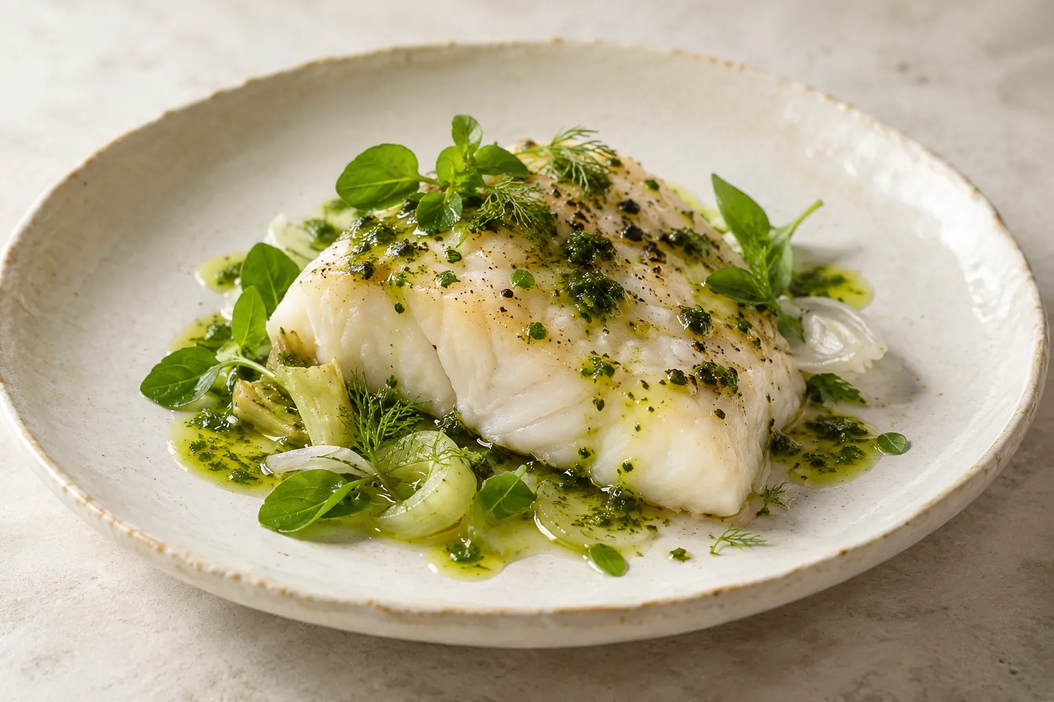 Seared white fish with herb oil and fennel on a stoneware plate