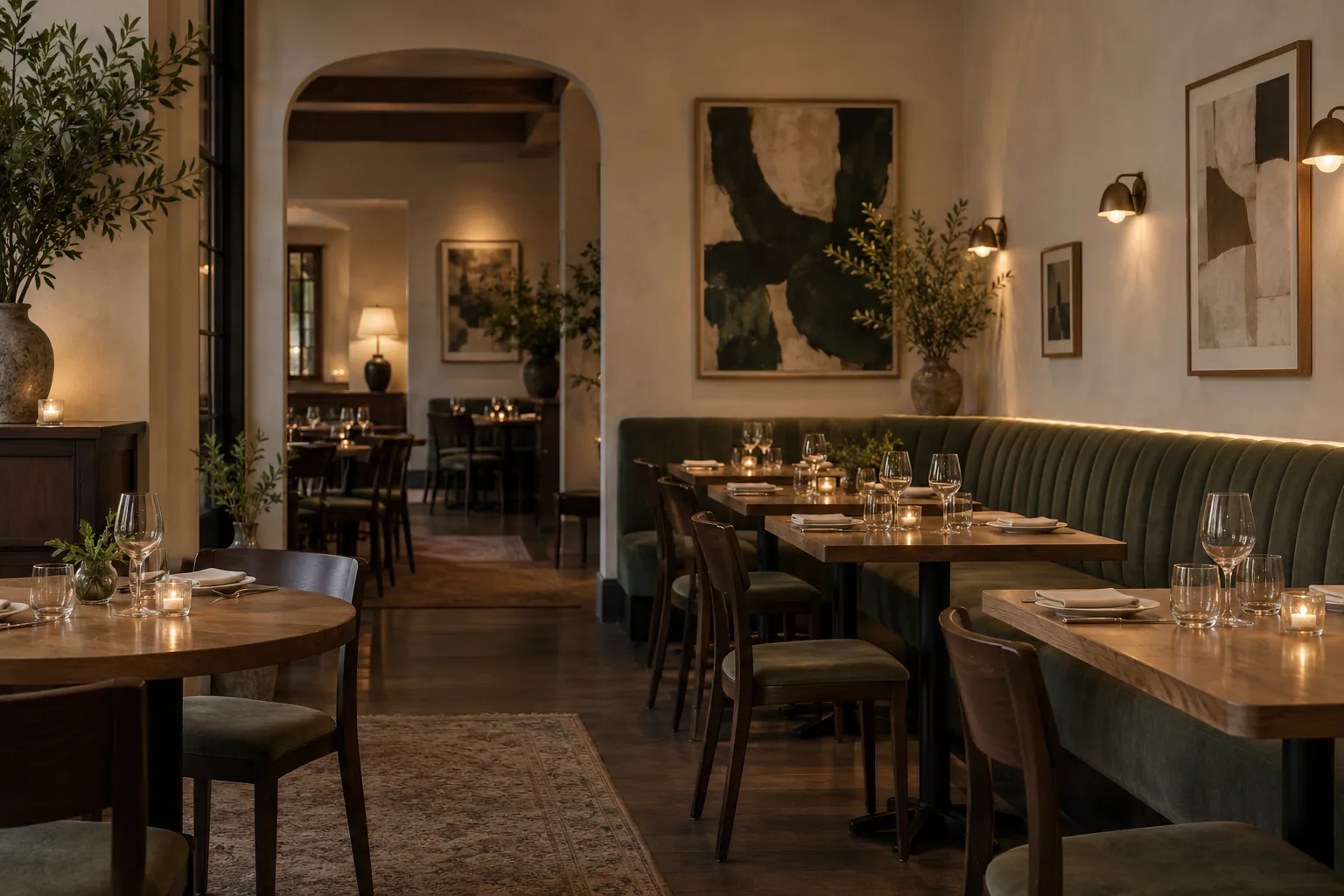 Warm candlelit dining room with green velvet banquettes